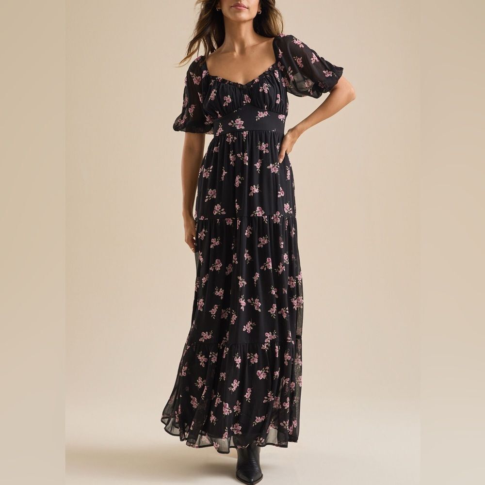 NEW Altar’d State Deanne black floral tiered maxi dress women’s size small